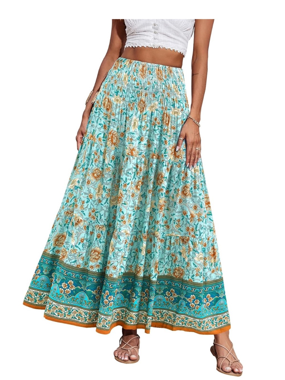 Bohoemian cottage core 100% viscose flowy patchwork floral ruched maxi skirt